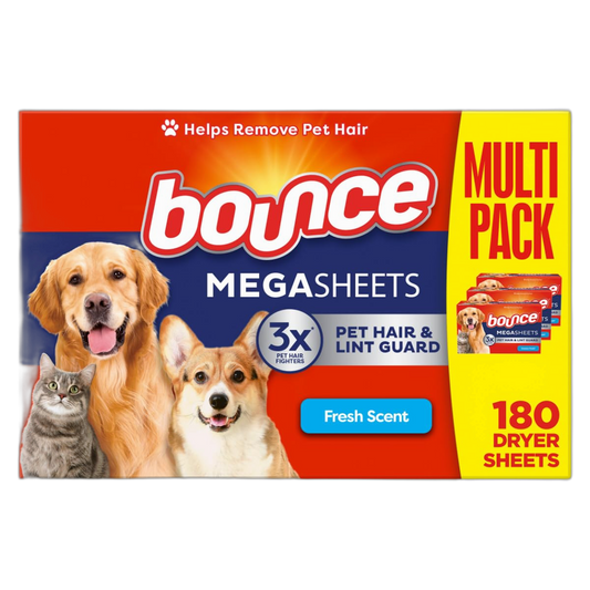 Bounce Pet Hair and Lint Guard Mega Fabric Softener Dryer Sheets with 3X Pet Hair Fighters, Fresh Scent, 180 Count, Bounce Dryer Sheets, Laundry Sheets, Mega Sheet