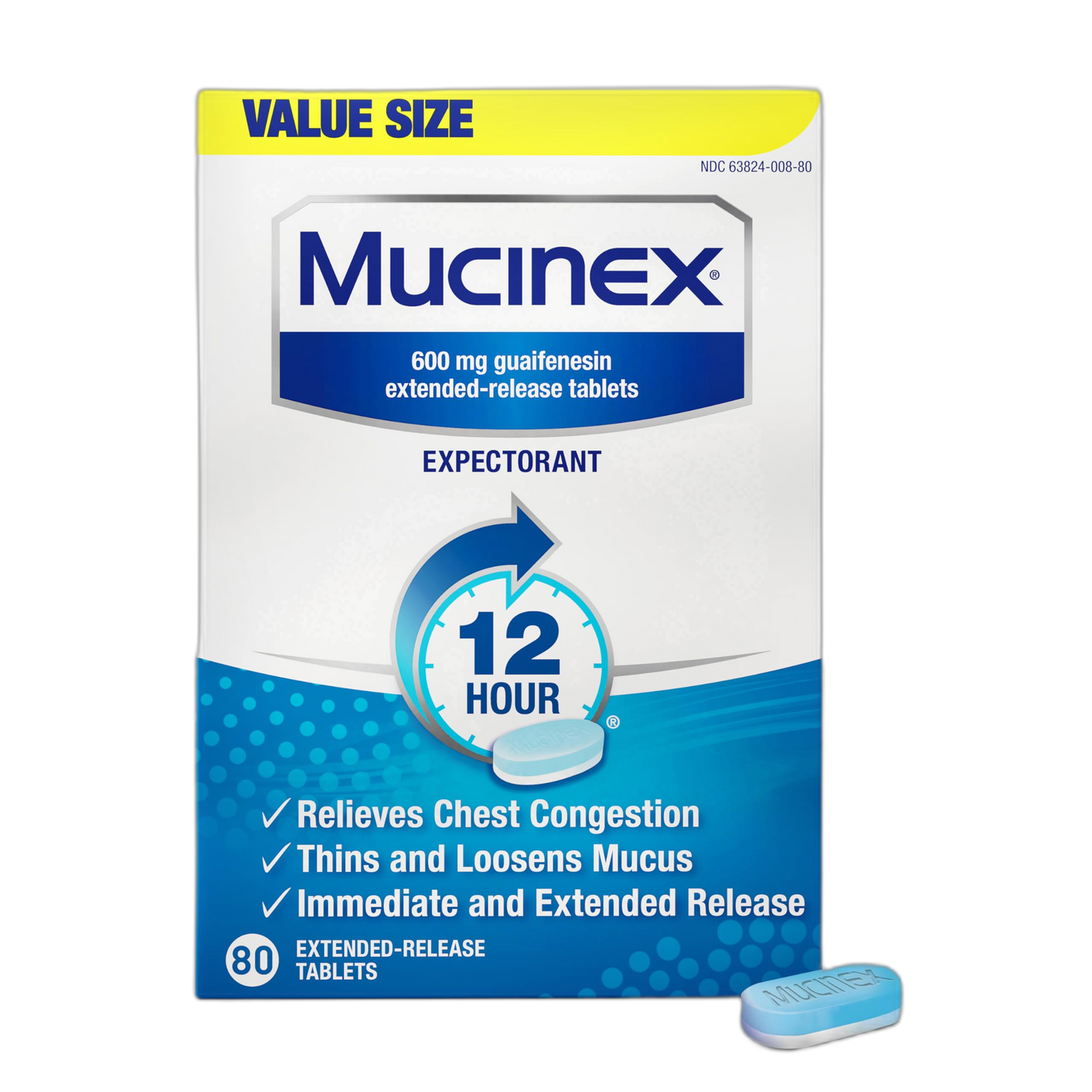 Mucinex 12 Hour 600 mg Guaifenesin Extended-Release Tablets for Excess Mucus Relief, Expectorant Aids Excess Mucus Removal, Chest Congestion Relief, 80 Bi-Layer Tablets