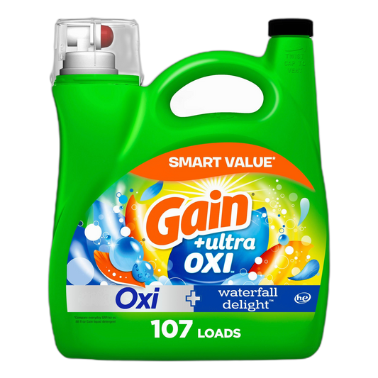 Gain Ultra Oxi Liquid Laundry Detergent, 107 loads, 154 fl oz, Waterfall Delight Scent, 2-in-1, HE Compatible