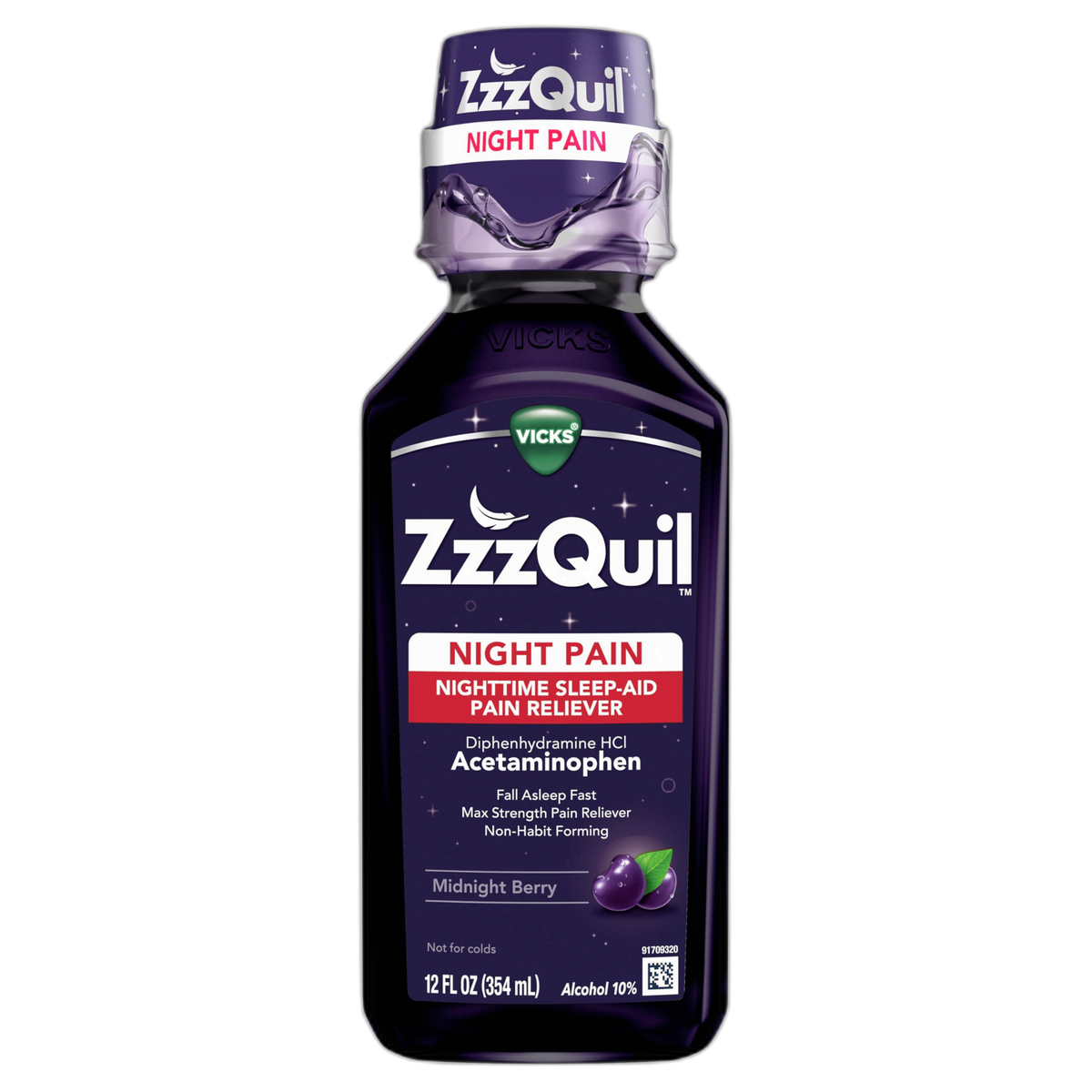 Vicks ZzzQuil Liquid, Max Strength Pain Reliever, Nighttime Sleep Aid Liquid, Acetaminophen 1000mg, Diphenhydramine 50mg HCI, Non-Habit Forming, Midnight Berry Flavored, 12 FL OZ