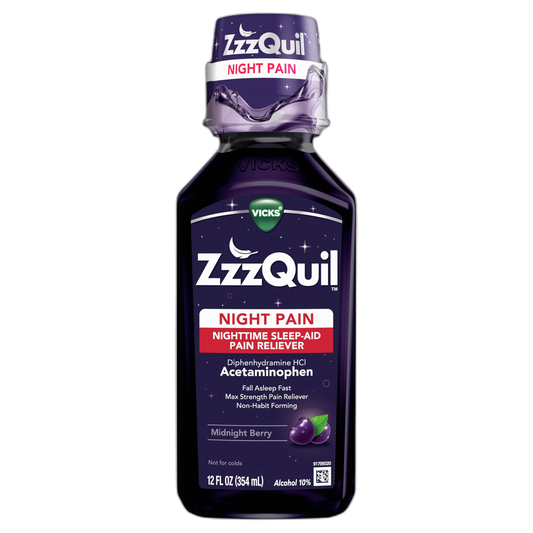 Vicks ZzzQuil Liquid, Max Strength Pain Reliever, Nighttime Sleep Aid Liquid, Acetaminophen 1000mg, Diphenhydramine 50mg HCI, Non-Habit Forming, Midnight Berry Flavored, 12 FL OZ
