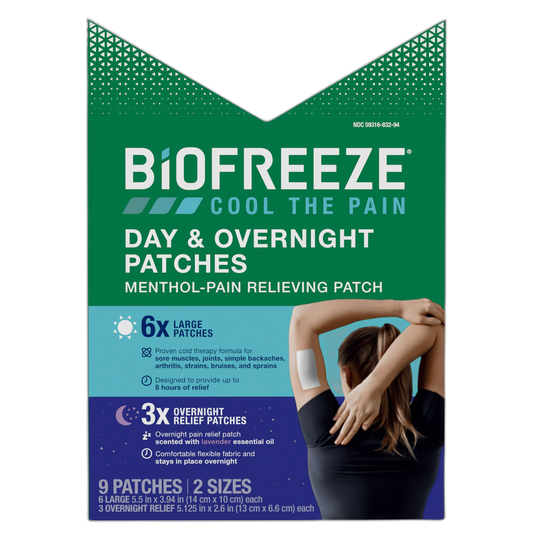 Biofreeze Day & Overnight Pain Relief Patches, Menthol Pain Patches for Arthritis & Muscle Pain Relief, Comfortable & Flexible Fabric Stays in Place, FSA/HSA Eligible, 9 Patches (6 Day, 3 Night)