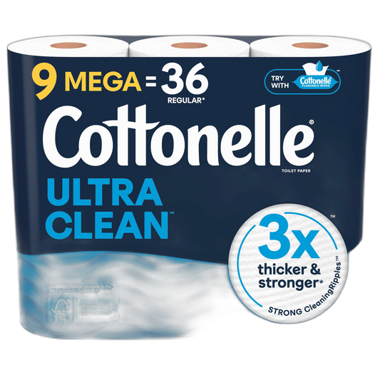Cottonelle Ultra Clean Toilet Paper, 9 Mega Rolls = 36 Regular Rolls, Packaging May Vary