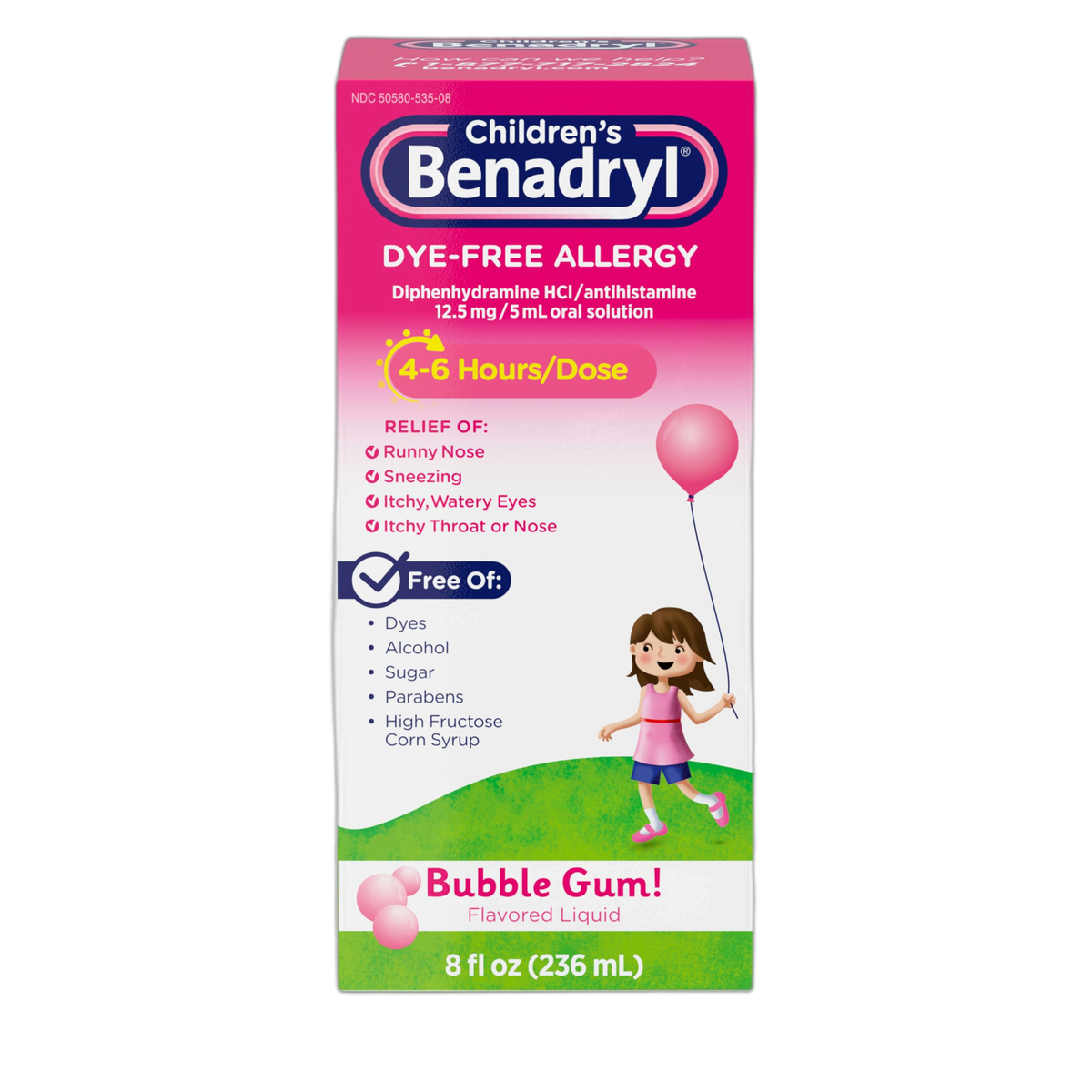 Benadryl Children's Dye-Free Allergy Relief Liquid + 12.5 mg Diphenhydramine HCl, Antihistamine Allergy Medicine for Kids Helps Relieve Runny Nose & Sneezing, Bubble Gum Flavor, 8 fl. oz