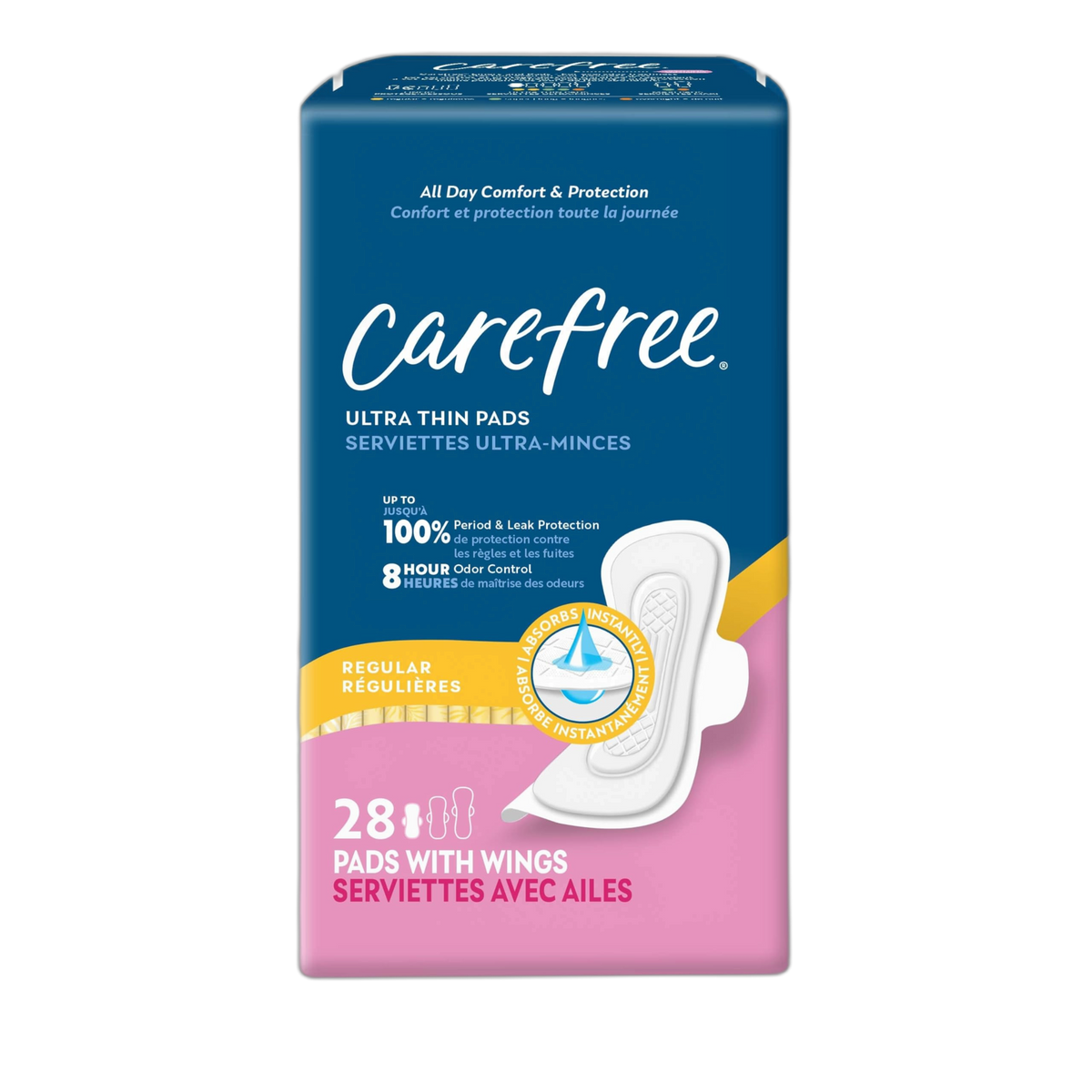 Carefree Ultra Thin Pads for Women, Regular Pads with Wings, 28ct
