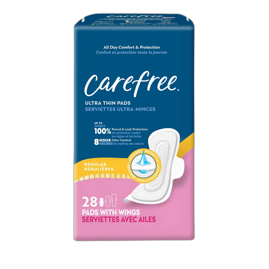 Carefree Ultra Thin Pads for Women, Regular Pads with Wings, 28ct