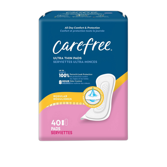 Carefree Ultra Thin Pads for Women, Regular Pads Without Wings, 40ct