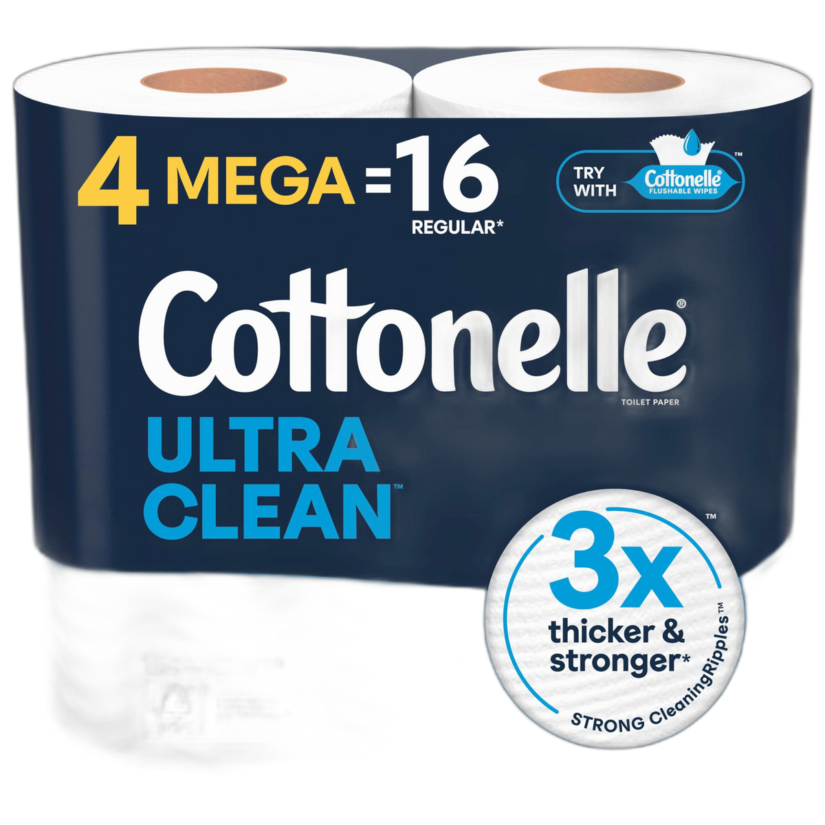 Cottonelle Ultra Clean Toilet Paper, 4 Mega Rolls = 16 Regular Rolls, Packaging May Vary