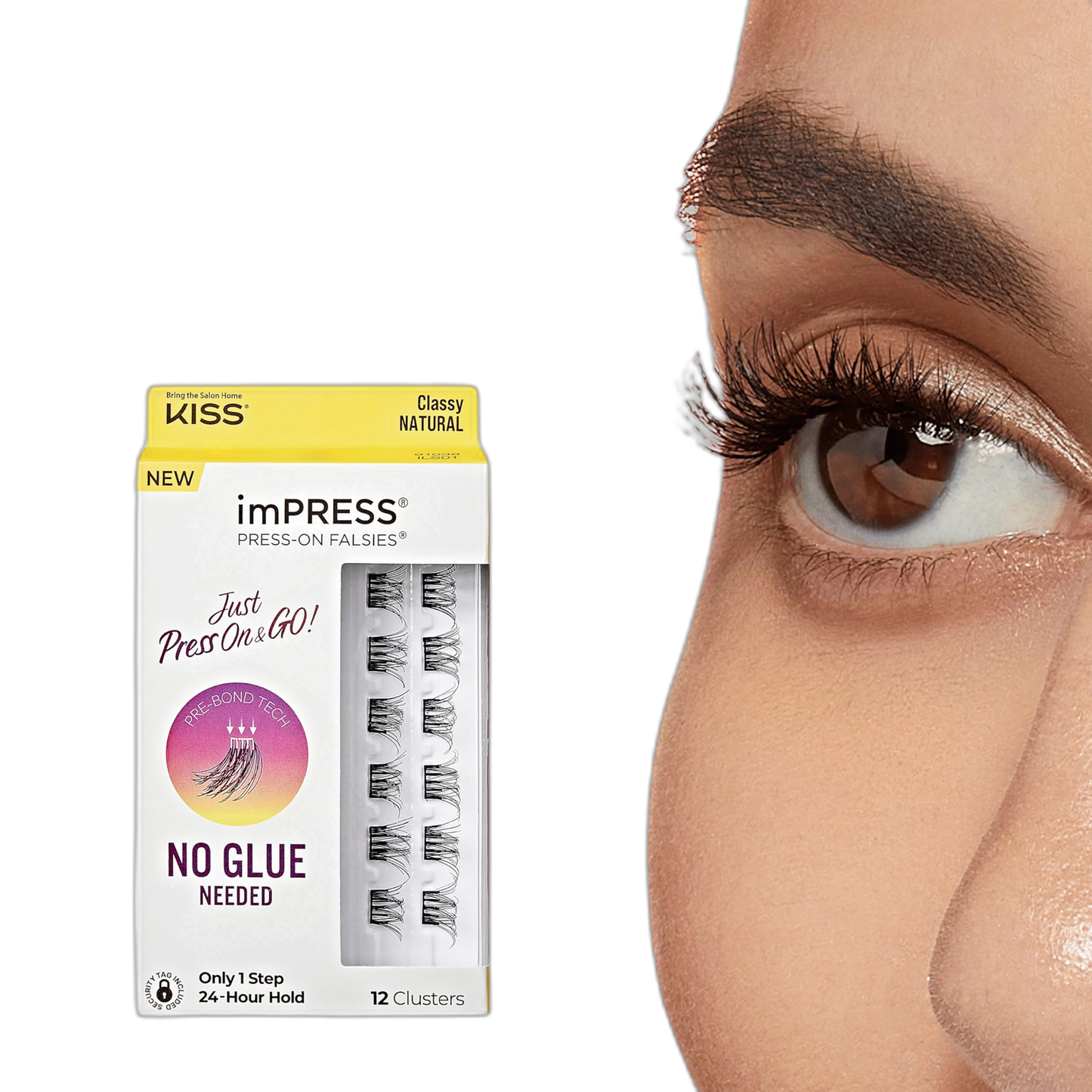 KISS imPRESS Falsies Press On Self Adhesive Eyelashes, 10mm-12mm Natural Volume Press On Lashes, Black, No Glue Needed, Invisible Band, 12 Lash Clusters - Classy