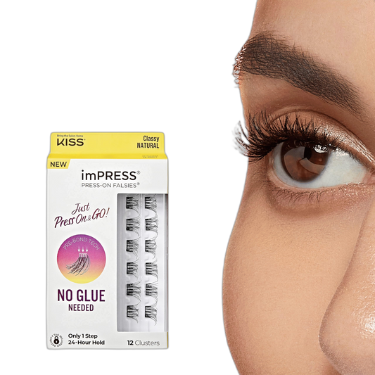 KISS imPRESS Falsies Press On Self Adhesive Eyelashes, 10mm-12mm Natural Volume Press On Lashes, Black, No Glue Needed, Invisible Band, 12 Lash Clusters - Classy