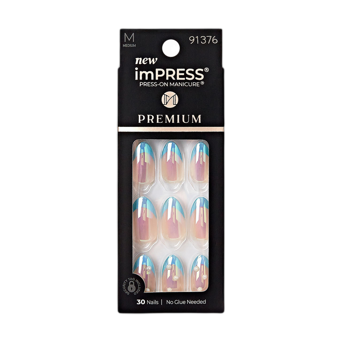 KISS imPRESS No Glue Mani Press-On Nails, Premium, 'Best Life', Blue, Medium Size, Almond Shape, Includes 30 Nails, Prep Pad, Instructions Sheet, 1 Manicure Stick, 1 Mini File