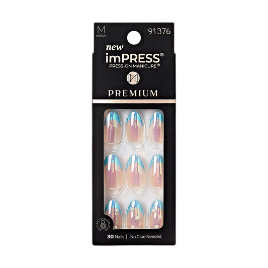 KISS imPRESS No Glue Mani Press-On Nails, Premium, 'Best Life', Blue, Medium Size, Almond Shape, Includes 30 Nails, Prep Pad, Instructions Sheet, 1 Manicure Stick, 1 Mini File