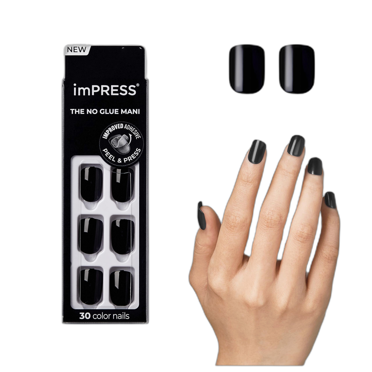 KISS imPRESS No Glue Mani Press On Nails, , 'All Black', Black, Short Size, Squoval Shape, Includes 30 Nails, Prep Pad, Instructions Sheet, 1 Manicure Stick, 1 Mini File