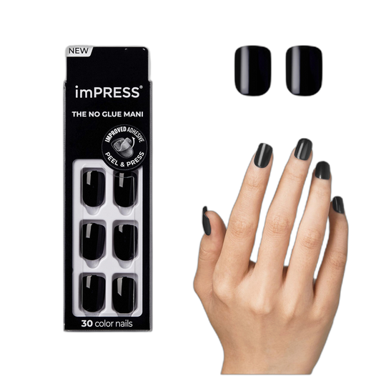 KISS imPRESS No Glue Mani Press On Nails, , 'All Black', Black, Short Size, Squoval Shape, Includes 30 Nails, Prep Pad, Instructions Sheet, 1 Manicure Stick, 1 Mini File