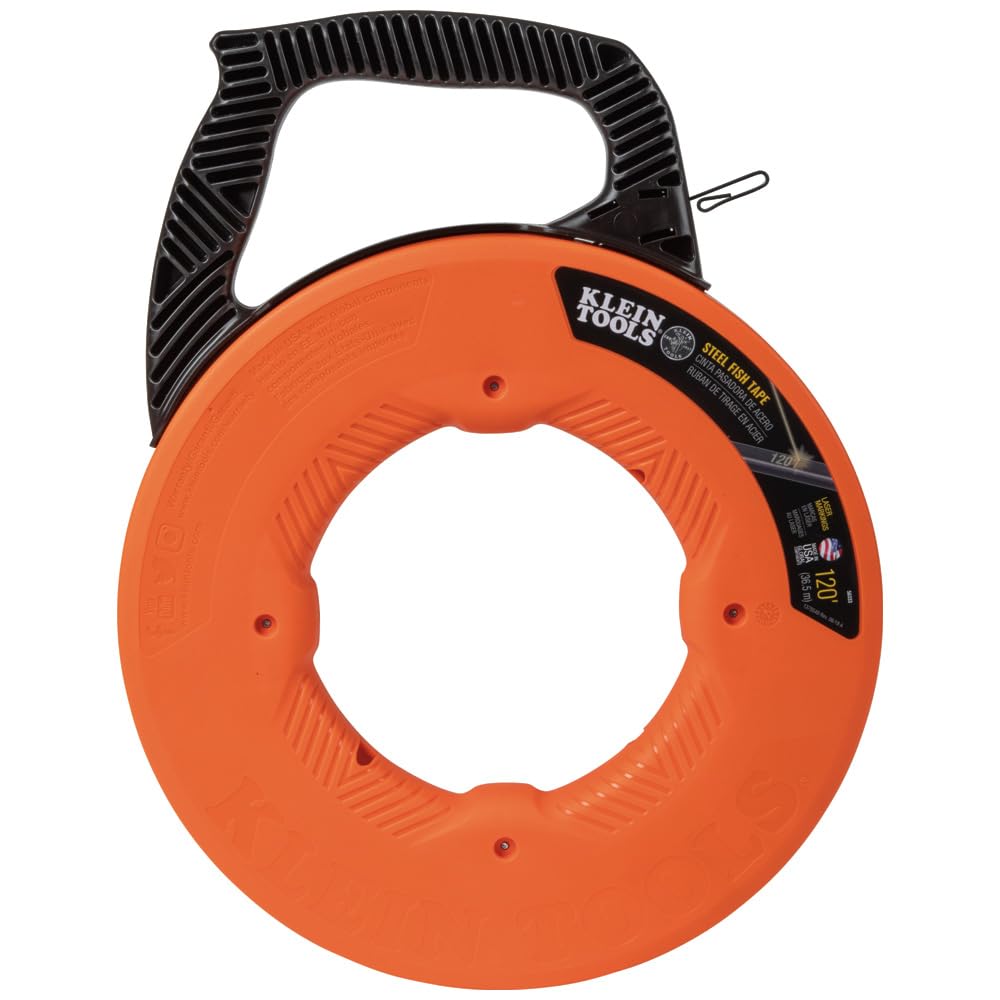 Klein Tools 56333 Electrical Fish Tape, Steel Wire Puller with Double Loop Tip, Optimized Housing and Handle, 1/8-Inch x 120-Foot