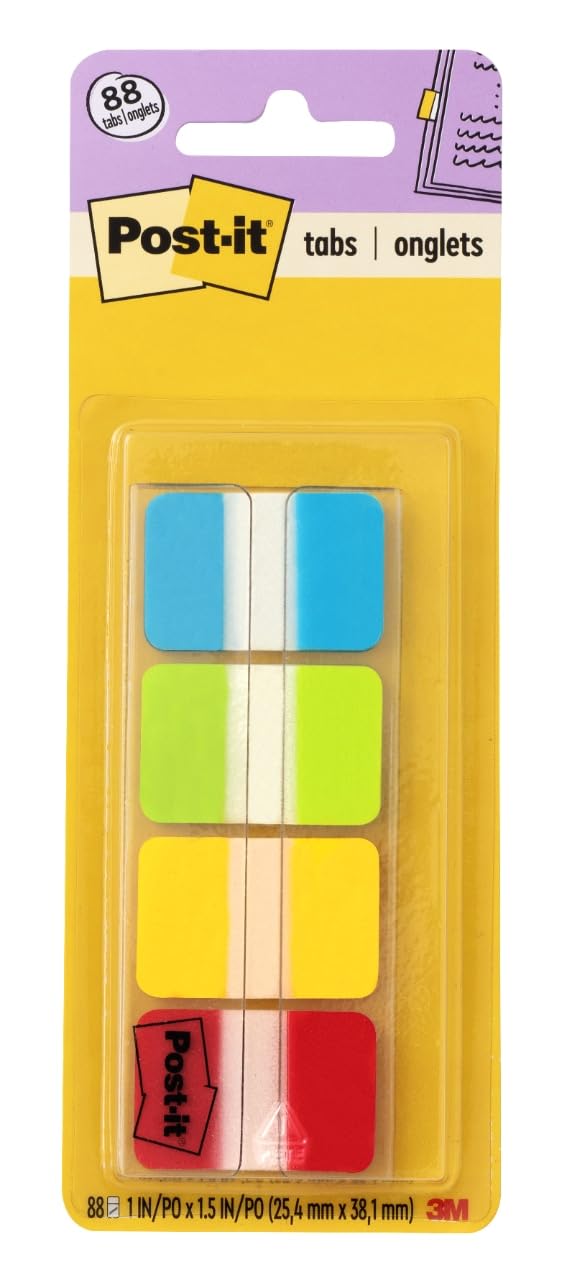 Post-it Tabs, 1 in Solid, Aqua, Lime, Yellow, Red, 22/Color, 88/Dispenser (686-ALYR1IN)