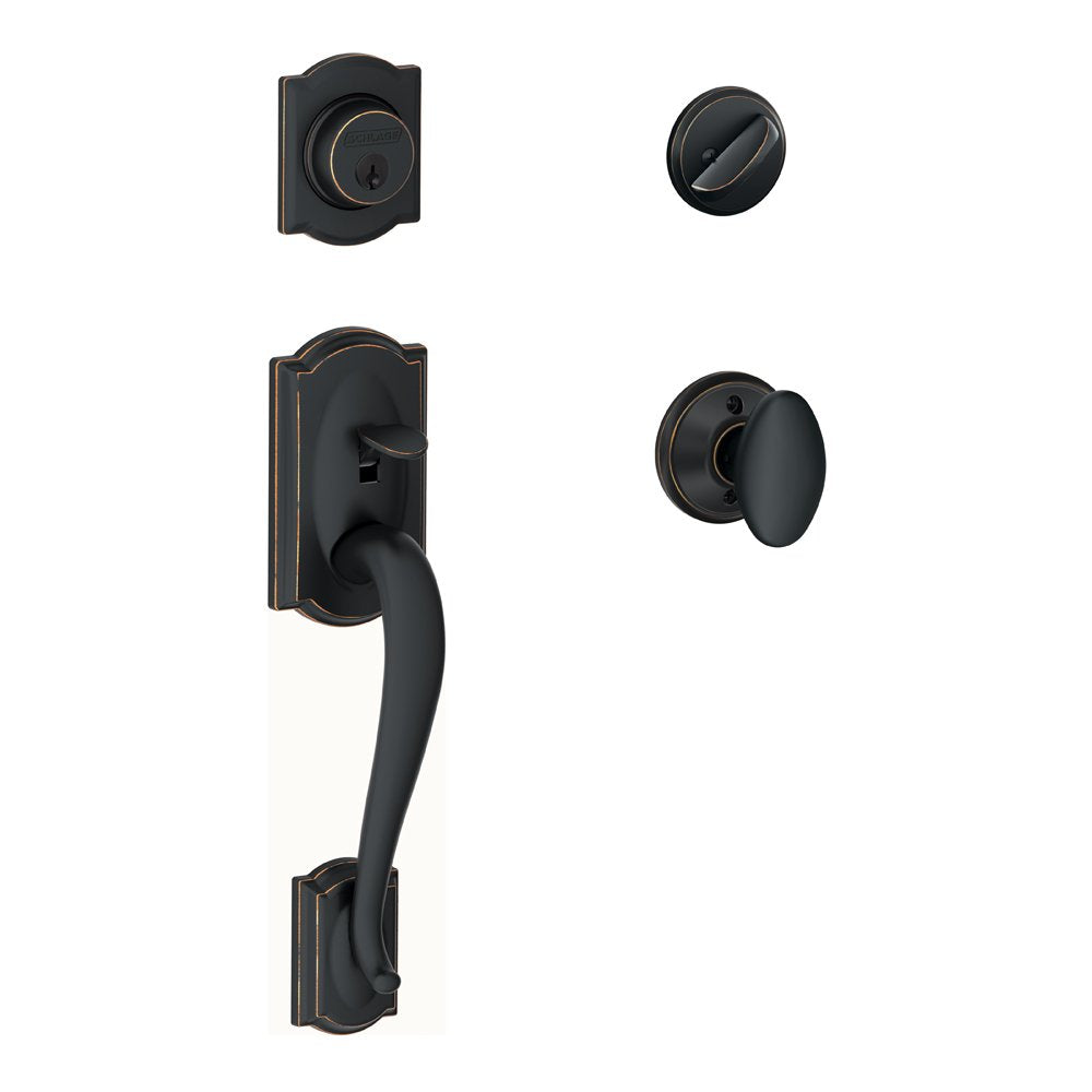 SCHLAGE F60 CAM 716 SIE Camelot Single Cylinder Handle Set and Siena Knob, Aged Bronze