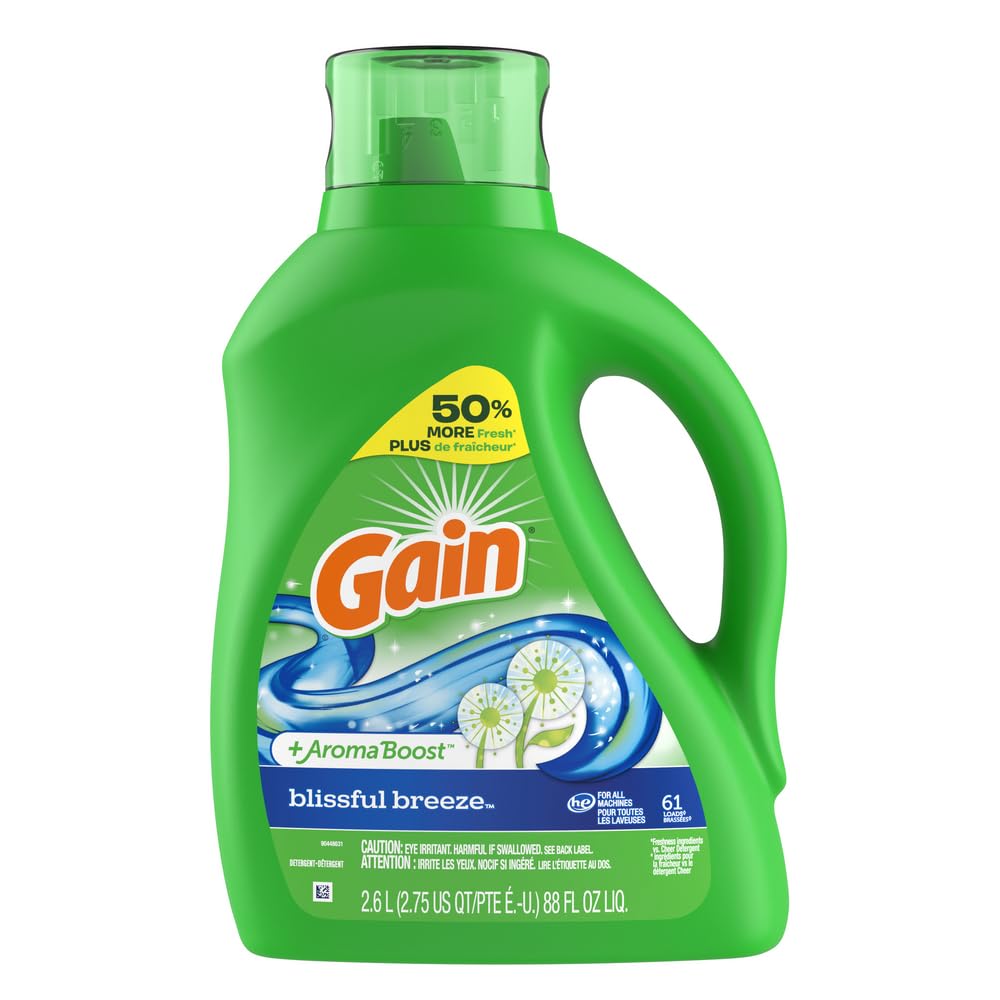 Gain + Aroma Boost Liquid Laundry Detergent, Blissful Breeze Scent, 61 Loads, 88 fl oz, HE Compatible