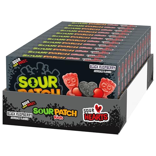 SOUR PATCH KIDS Sour Hearts Black Raspberry Soft & Chewy Candy, Valentines Day Candy, Bulk Candy, 12 - 3.08 oz Boxes