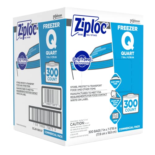 SC Johnson Professional Ziploc Quart Food Storage Freezer Bags, Grip 'n Seal Technology for Easier Grip, Open, and Close, 300 Count