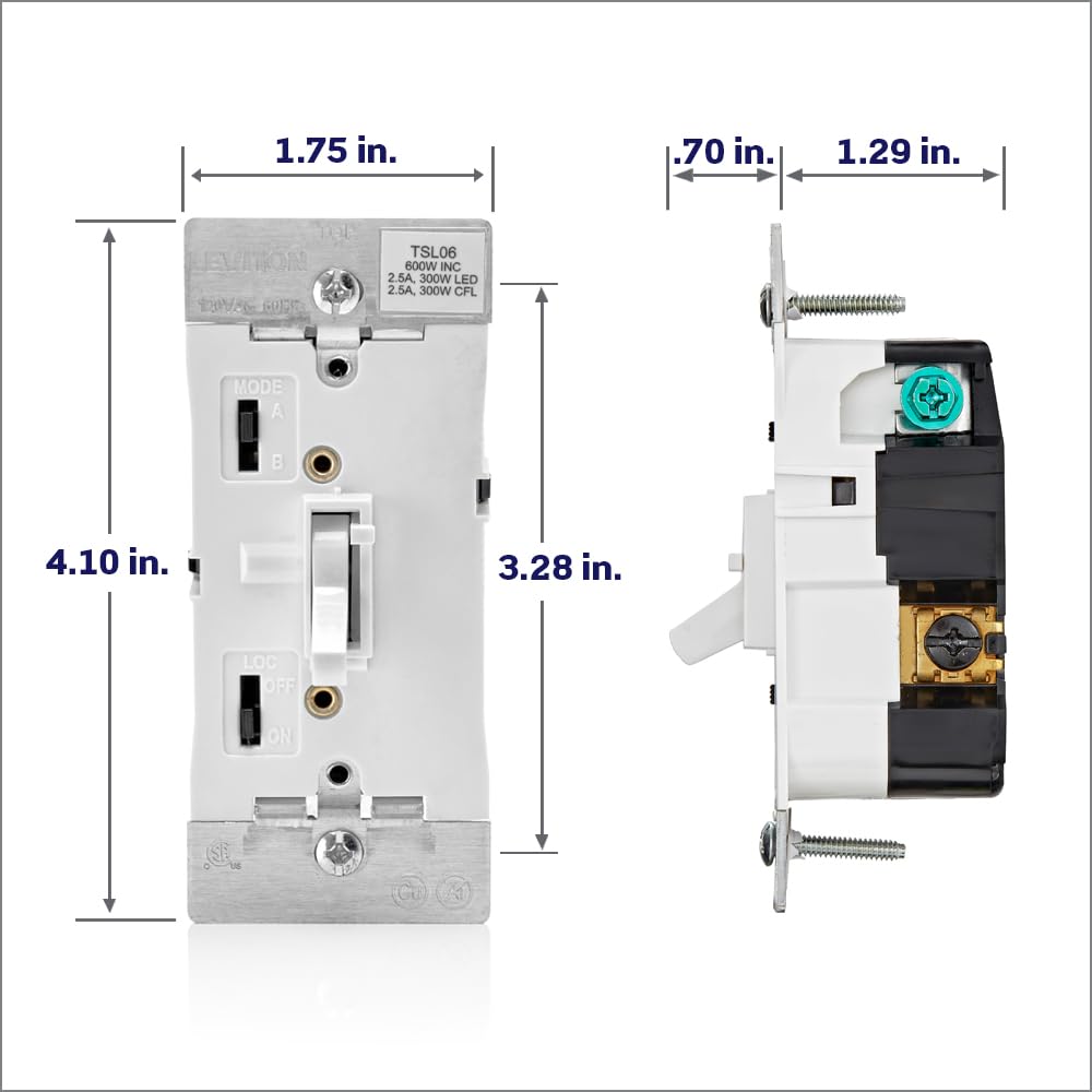 Leviton Toggle Slide Dimmer Switch for Dimmable LED, Halogen and Incandescent Bulbs, TSL06-1LW, White