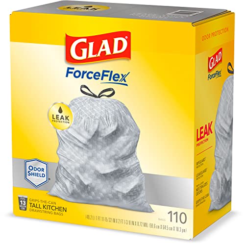 Glad ForceFlex Tall Kitchen Drawstring Trash Bags 13 Gallon Grey Trash Bag, Unscented 110 Count (Package May Vary)
