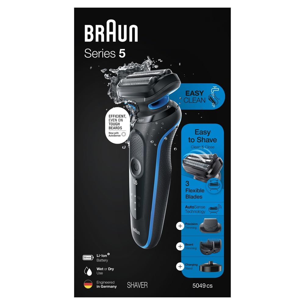 Braun Series 5 5049cs Electric Shaver with Charging Stand, Beard Trimmer, Face Shaver, Wet & Dry, Rechargeable, Cordless Foil Shaver, Blue