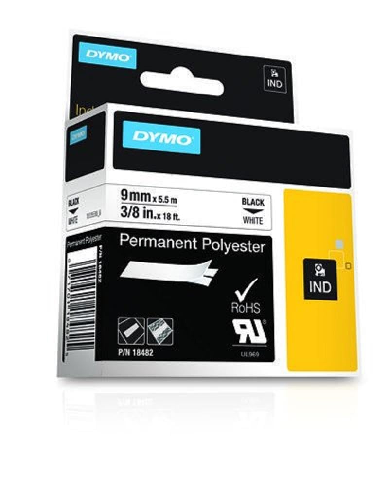 DYMO Rhino Industrial Permanent Polyester Labels, 3/8", Black Print on White Tape