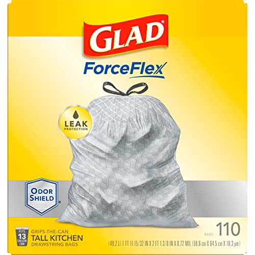 Glad ForceFlex Tall Kitchen Drawstring Trash Bags 13 Gallon Grey Trash Bag, Unscented 110 Count (Package May Vary)