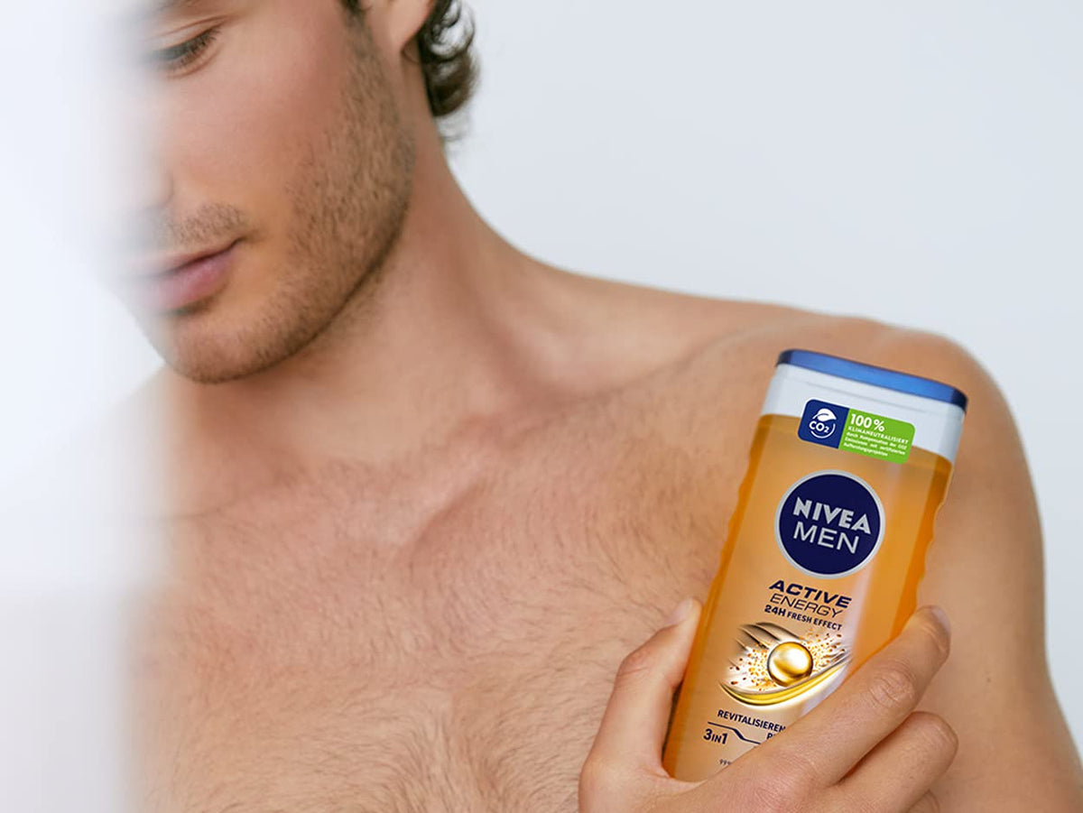 NIVEA MEN Active Energy Shower Gel (250ml), Refreshing Shower Gel with Natural Caffeine, Revitalising Shower for Body, Face and Hair