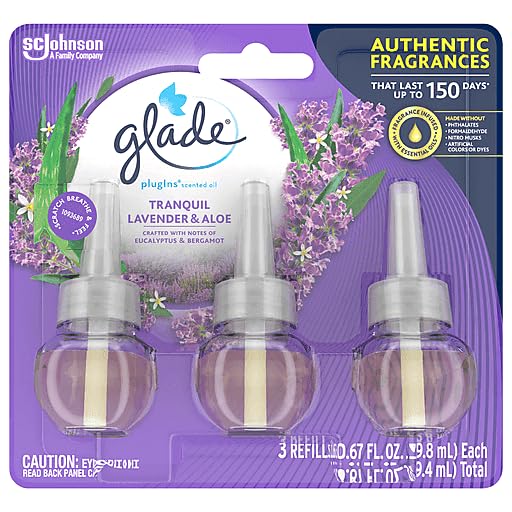 Glade PlugIns Refills Air Freshener, Scented and Essential Oils for Home and Bathroom, Tranquil Lavender & Aloe, 0.67 fl oz, 3 Count (Pack of 1)