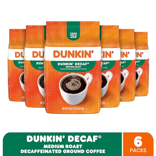 Dunkin' Decaf Medium Roast Decaffeinated Ground Coffee, 18 Ounce (Pack of 6)