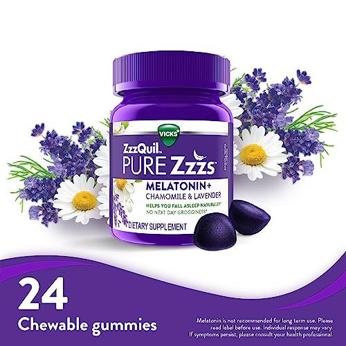 ZzzQuil PURE Zzzs Melatonin Sleep Aid Gummies, Helps You Fall Asleep Naturally, Wildberry Vanilla Flavor, Chamomile Lavender & Valerian Root, 1mg per gummy, 24 Count