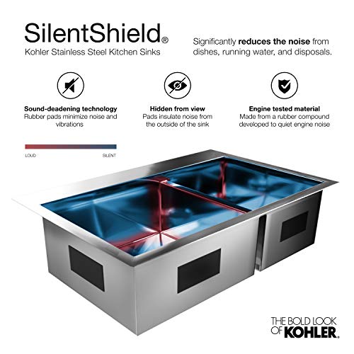 KOHLER Task Smart Divide 33" Top-/Undermount Double-Bowl Workstation Kitchen Sink, Includes Accessories, Stainless Steel, 2 Faucet Holes, K-80085-2PC-NA