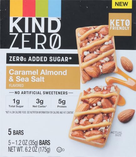 KIND ZERO Added Sugar Bars, Caramel Almond & Sea Salt, Keto Friendly Snacks, Gluten Free, 5g Protein, 5 Count