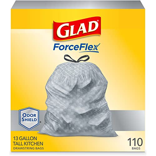 Glad ForceFlex Tall Kitchen Drawstring Trash Bags 13 Gallon Grey Trash Bag, Unscented 110 Count (Package May Vary)