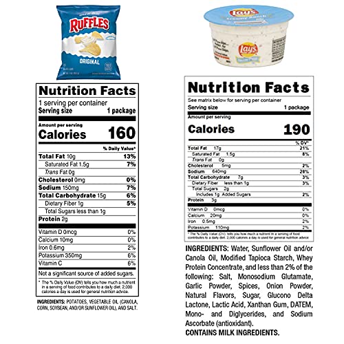 Frito Lay Ruffles Chips and Lay's Ranch Dip Cups Variety Pack, (Pack o ...