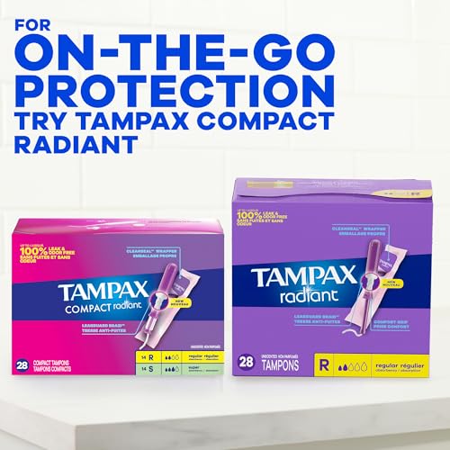 Tampax Radiant Tampons for Women Multipack, with LeakGuard Braid, Regular/Super/Super Plus Absorbency, Unscented, 112 Count (4 Packs of 28)