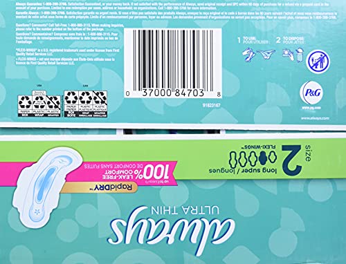 Always Ultra Thin Long Super Pads with Wings, Unscented, 88 Count