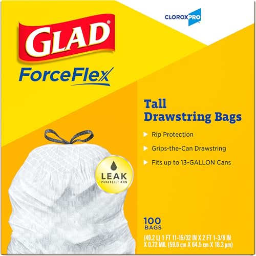 CloroxPro Glad ForceFlex 13 Gallon Tall Kitchen Drawstring Trash Bags, 100 Count (Package May Vary)
