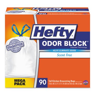 Hefty Odor Block Tall-Kitchen Drawstring Bags, 13Gal.9 Mil, White, 90/Bx, 3 Bx/Count