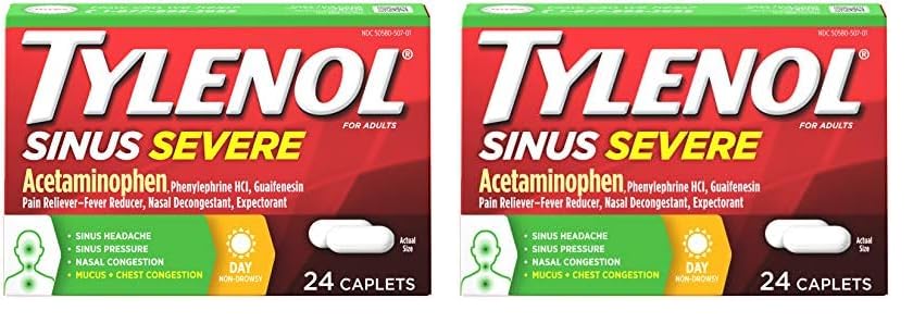 Tylenol Sinus Severe Daytime Caplets with Acetaminophen, Guaifenesin & Phenylephrine HCl, 24 ct (Pack of 2)