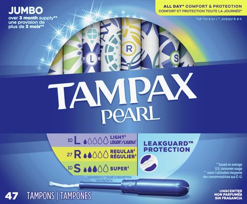 Tampax Pearl Plastic Tampons, Mutlipack, Light/Regular/Super Absorbency, Unscented, 50 Count (Packaging May Vary)