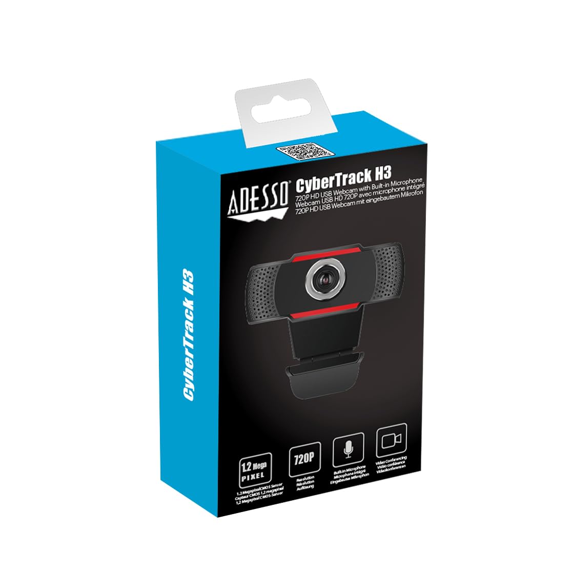 Adesso CyberTrack H3 Webcam 12 Megapixel 30 fps USB 20 1280x720 Video CMOS Sensor Manual-Focus Microphone for PC & Laptop, Black