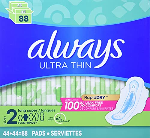 Always Ultra Thin Long Super Pads with Wings, Unscented, 88 Count