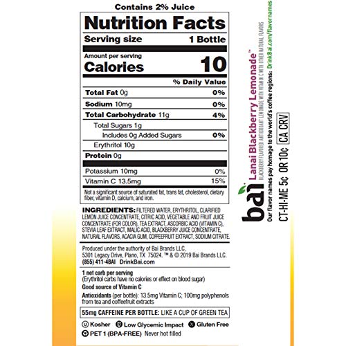 Bai Flavored Water, Lanai Blackberry Lemonade, Antioxidant Infused Drinks, 18 Fluid Ounce Bottles, 12 Count