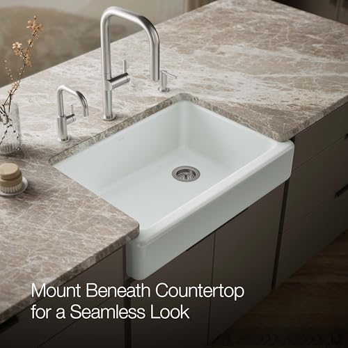 KOHLER K-5826-95 Whitehaven Farmhouse Self-Trimming Undermount Single-Bowl Sink with Short Apron, Ice Grey