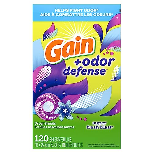 Gain + Odor Defense Fabric Softener Dryer Sheets, Super Fresh Blast Scent, 120 ct