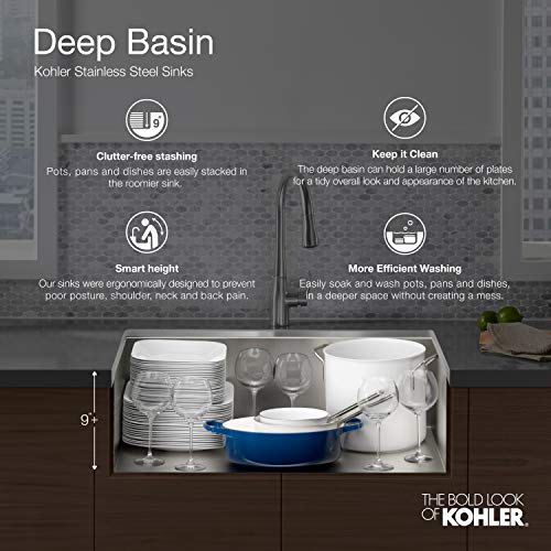 KOHLER Task Smart Divide 33" Top-/Undermount Double-Bowl Workstation Kitchen Sink, Includes Accessories, Stainless Steel, 2 Faucet Holes, K-80085-2PC-NA