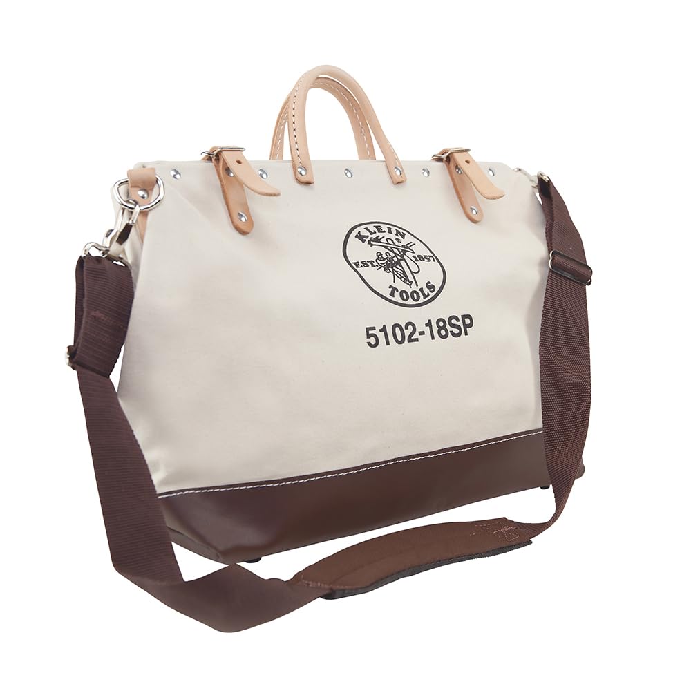 Klein Tools 5102-18SP Deluxe Canvas Tool Bag Made of Natural Canvas with 13 Interior Pockets and Detachable Shoulder Strap, 18-Inch